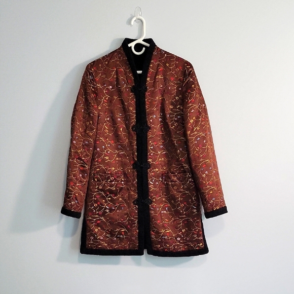 Vintage Retro Jenni Max Reversible Long Coat Chinese Hooks Pockets Floral Size M - Picture 1 of 11